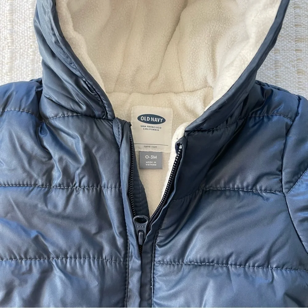 Bundle of two baby winter snowsuits, novelty penguin and neutral navy size 0-3